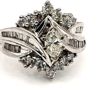 14k White Gold Fancy Diamond Ring With Lock Ring, 9.6g. Sz 6.5